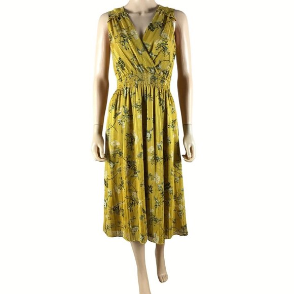 LONDON TIMES Golden Floral Smocked Waist Midi Dress Size 2 - Picture 1 of 7